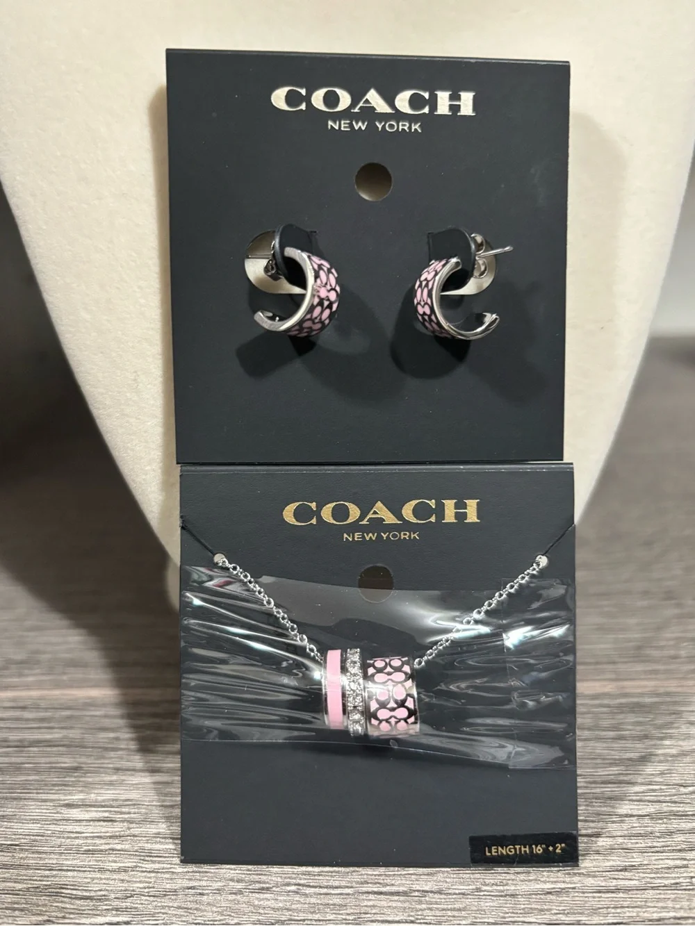 NWT Coach Signature Huggie Cuff earrings and a matching pendant necklace